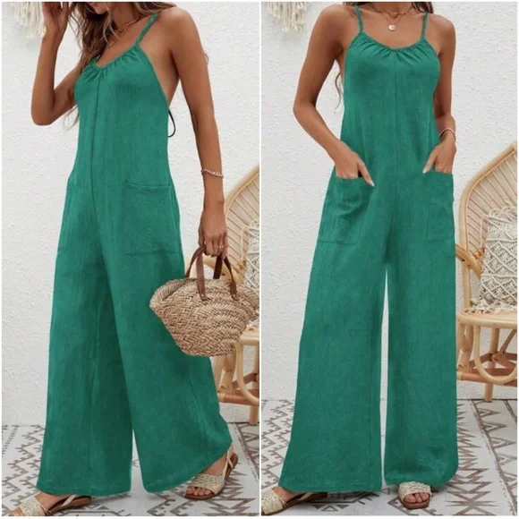 Solid Navy Blue Criss cross Tie Pockets Wide leg Jumpsuit - Picture 3 of 9